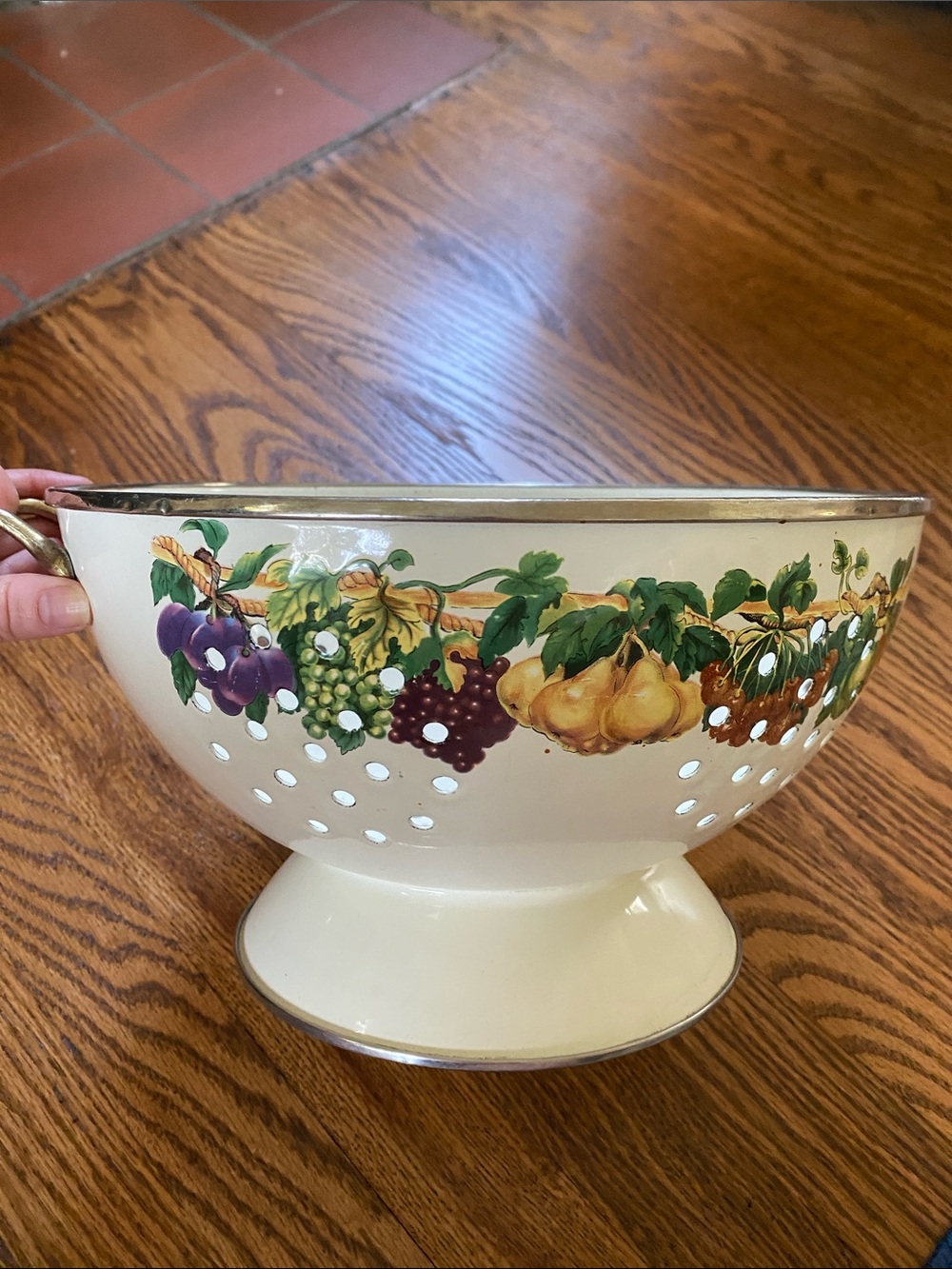Vintage Fruit Pattern Cream Colored Metal Colander